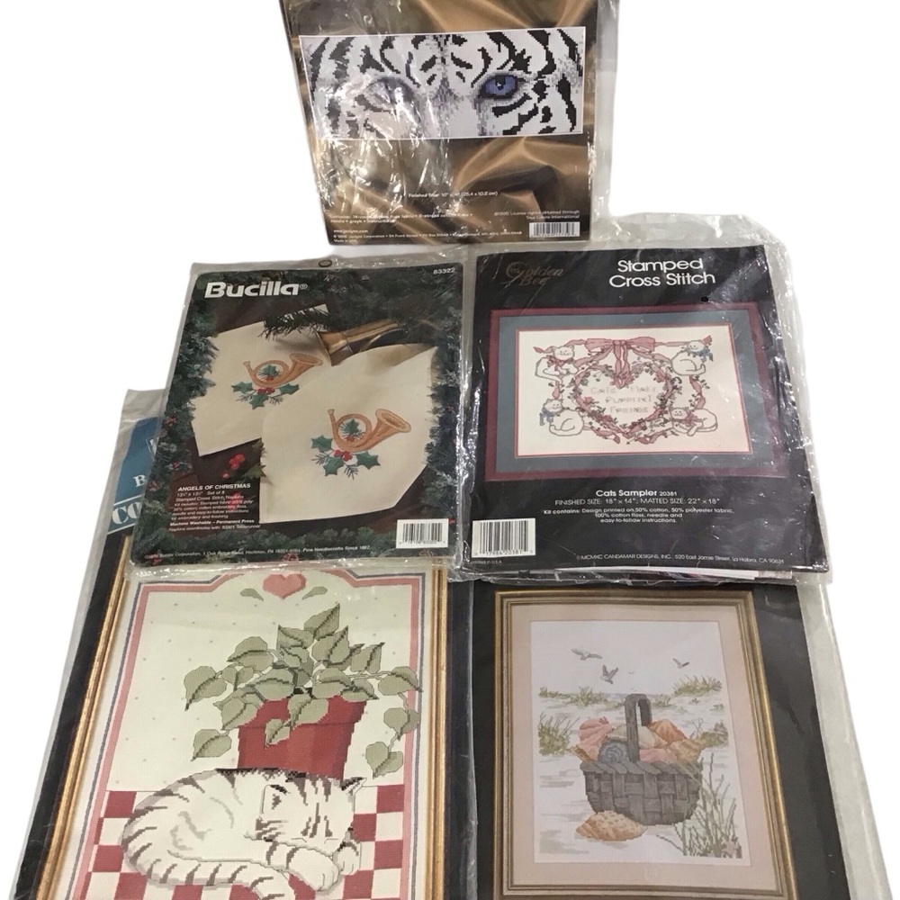 5 Cross Stitch Kits Counted Stamped Bucilla Janlynn Golden Bee Banar Cats Sealed